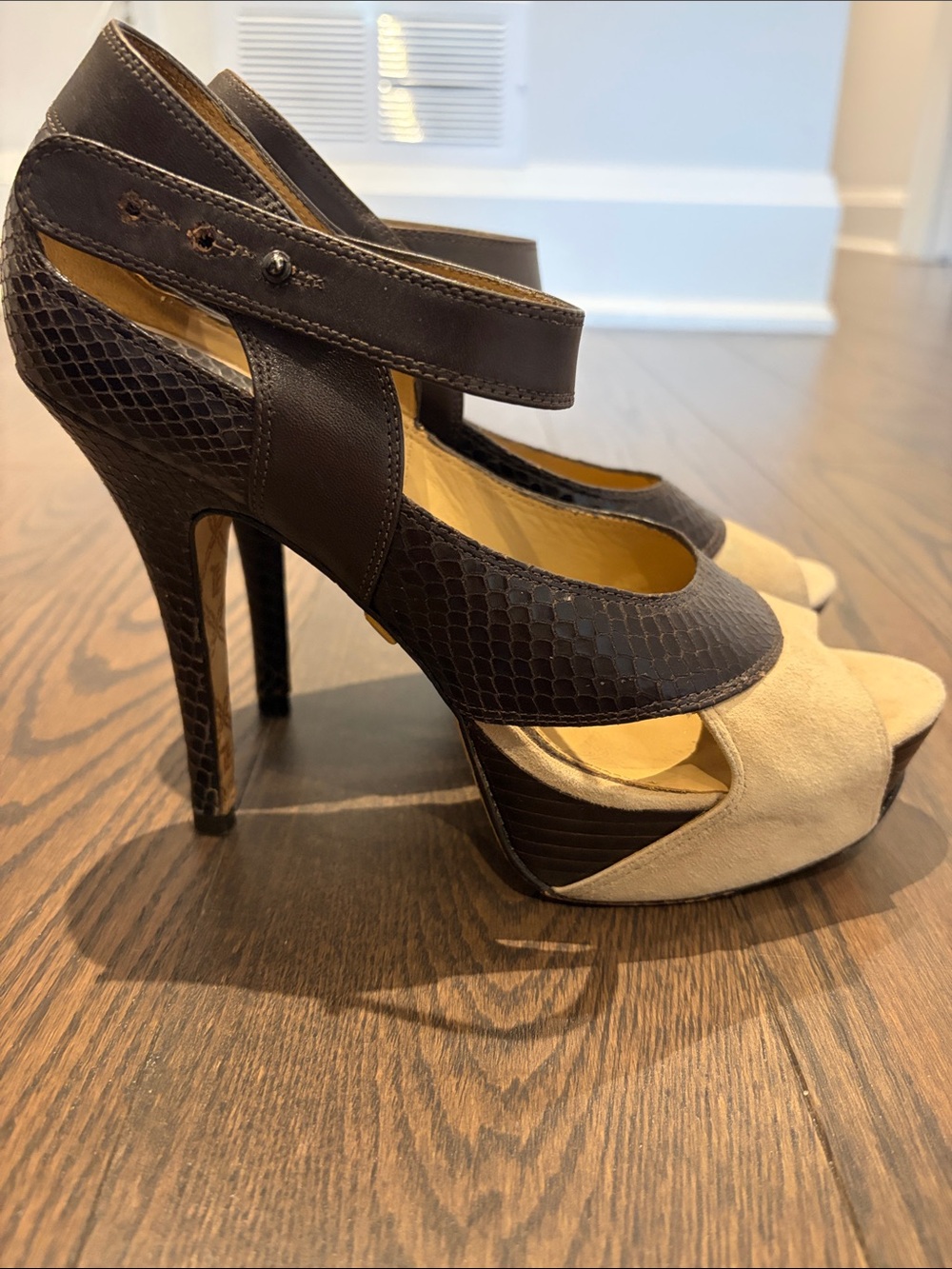 LAMB Snakeskin & Ivory Peep Toe Platform Heels